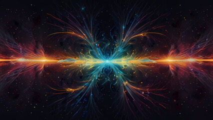 An abstract digital illustration representing positive and negative ions in a cosmic field, with vibrant electric arcs and glowing particles, creating a sense of energy flow and balance