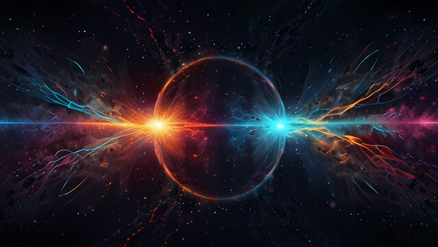 An abstract digital illustration representing positive and negative ions in a cosmic field, with vibrant electric arcs and glowing particles, creating a sense of energy flow and balance