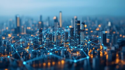Global digital network overlaying a modern city, symbolizing international connectivity and technology