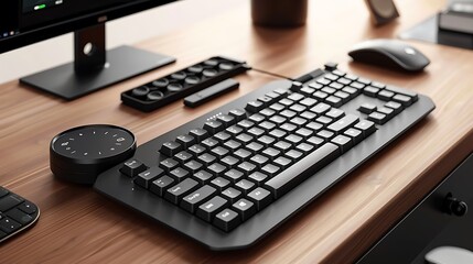 A multi-device Bluetooth keyboard with a rotating dial for switching between devices, set on a wooden desk.