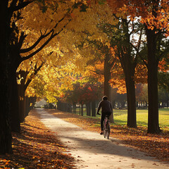 Obraz premium A person riding a bicycle through an autumn park. A person riding a bicycle through an autumn park. 