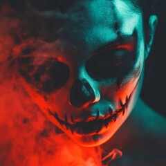 Skull makeup creates an eerie atmosphere during Halloween night