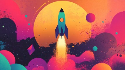 Vibrant geometric illustration of a rocket launch against an abstract cosmic backdrop
