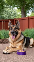 A German shepherd sits patiently next to an empty bowl, licking its lips in anticipation of a meal while surrounded by vibrant autumn leaves and a pumpkin