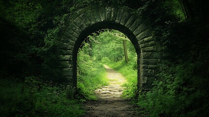 A stone archway in a forest, sunlight streams through the trees, creating a path leading into the woods.