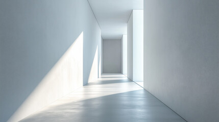 A long, narrow hallway with a white wall and a white floor