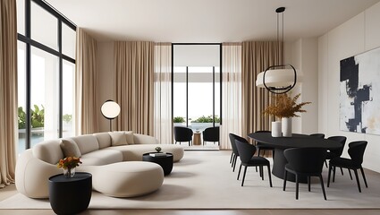 Design an elegant open-concept living and dining area with a calming, neutral color scheme