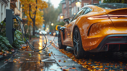 A car is parked next to a charging station