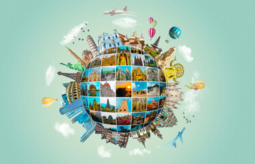 World religious and architecture monuments- collage or globe from different religions from Asia, Africa and Europe. Travel and tourism with famous world landmarks.