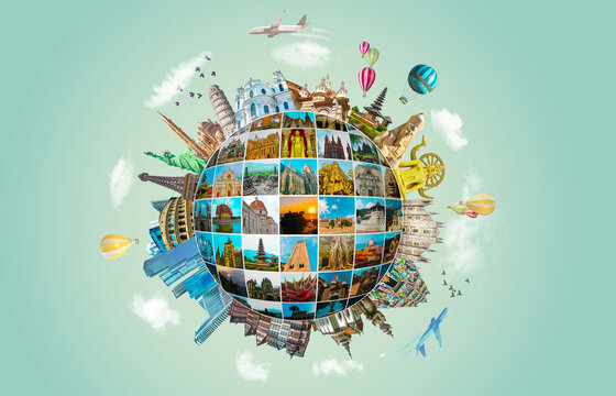 World religious and architecture monuments- collage or globe from different religions from Asia, Africa and Europe. Travel and tourism with famous world landmarks.