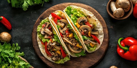 Delicious grilled mushroom and meat tacos served on wooden board