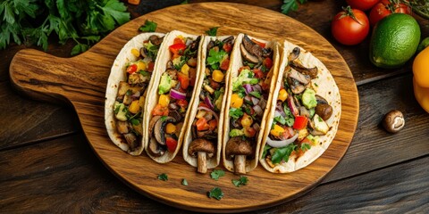 Tasty veggie tacos with colorful vegetables on a wooden board
