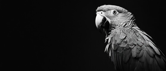 Black and white image of a curious parrot perched on a solid black background showcasing its vibrant feathers