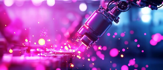 Advanced manufacturing robots, dynamic motion, vibrant sparks, high-tech environment, watercolor style