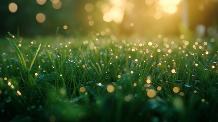 Obraz premium A field of grass with raindrops on it