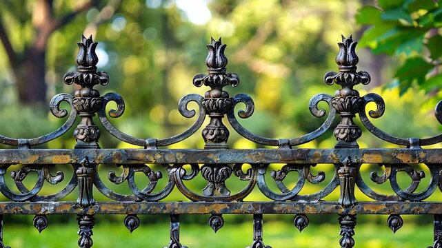 Ornate wrought iron fence with intricate design against blurred garden background