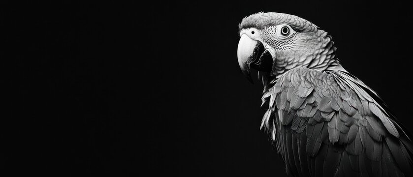Black and white image of a curious parrot perched on a solid black background showcasing its vibrant feathers