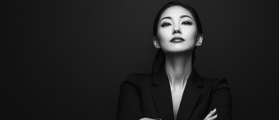 Black and white photo Japanese businesswoman crossed arms solid black background poised power confidence sharp gaze success