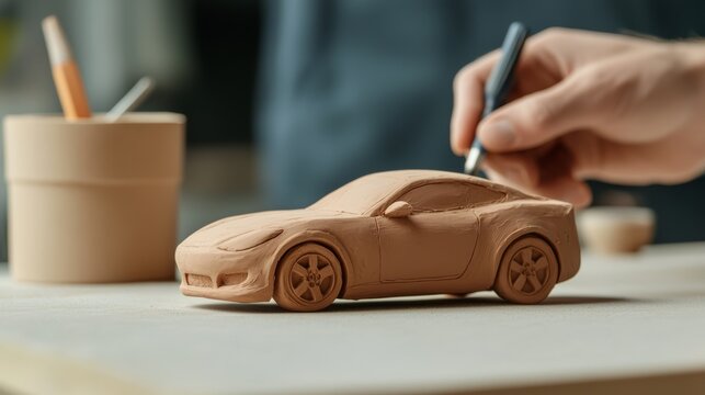 Automotive design studio where a clay car model is being shaped, highlighting the tactile artistry in vehicle prototyping