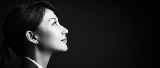 Fototapeta premium Black and white photo Japanese businesswoman in profile solid black background timeless elegance strong profile serene focus