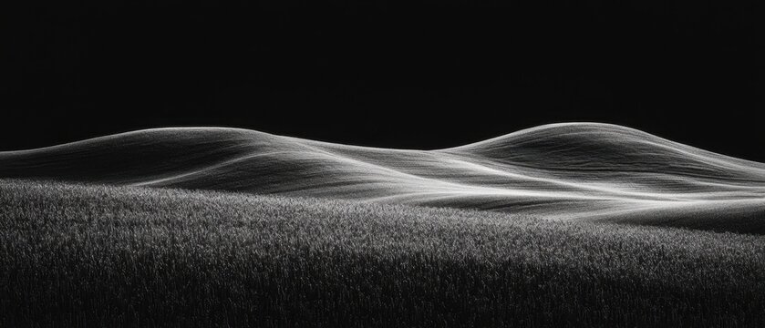 Quiet countryside in black and white rolling hills peaceful fields solid black background rural tranquility gentle curves soothing and timeless scenery