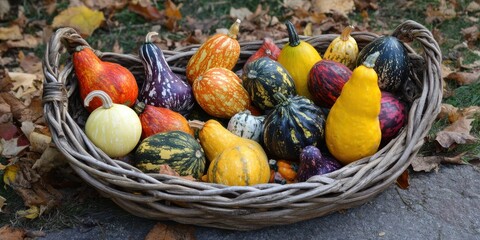 A basket of colorful gourds 