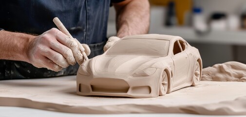 Clay model of a car in the making, with an artist s hand carefully sculpting the bodywork, emphasizing the creative process