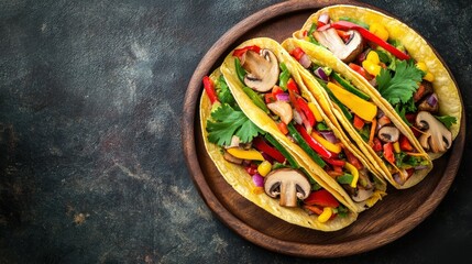 Colorful vegetable tacos on a wooden plate with fresh ingredients