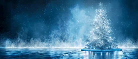 Frosty Blue Christmas Tree in Snowy Scene, Minimalist Holiday Banner Design