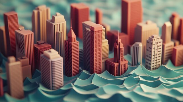Stylized miniature cityscape featuring detailed skyscrapers surrounded by abstract ocean waves, blending urban architecture with a surreal aquatic theme.
