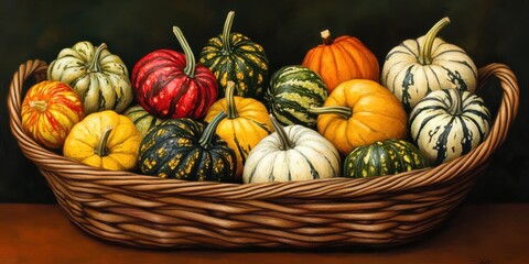 A basket of colorful gourds 