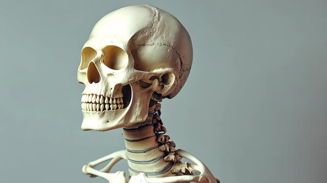 Realistic human skull side view on gray background, anatomical study concept