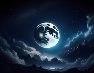 Fantasy landscape with moon and stars on dramatic sky. 