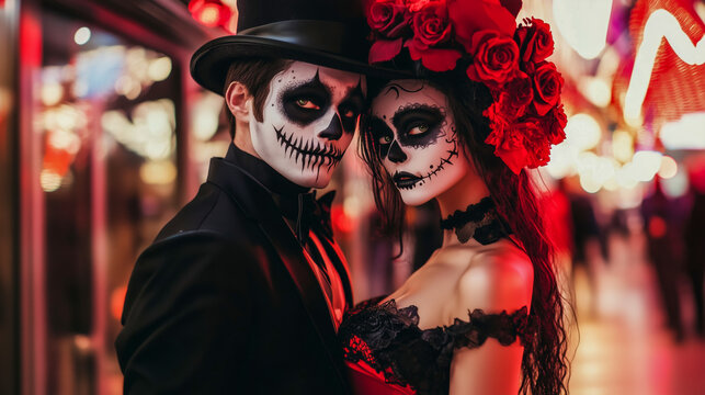 Elegant couple dressed in matching sugar skull makeup and costumes, posing together under vibrant red and yellow lights during a Halloween celebration.