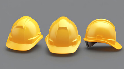 This 3D realistic illustration features a protective yellow helmet, designed for workers in various fields such as industry, construction, service, engineering, and architecture. The helmet is rendere
