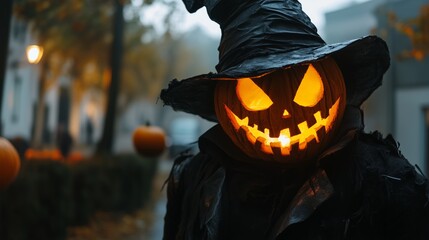 Sinister Jack-o'-lantern-headed figure in a witch's hat, haunting the foggy streets on a chilly Halloween night.