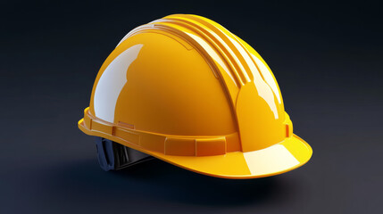 This 3D realistic illustration features a protective yellow helmet, designed for workers in various fields such as industry, construction, service, engineering, and architecture. The helmet is rendere