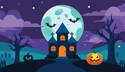 Fototapeta premium Spooky Halloween background Haunted House with Full Moon and Bats Vector Illustration