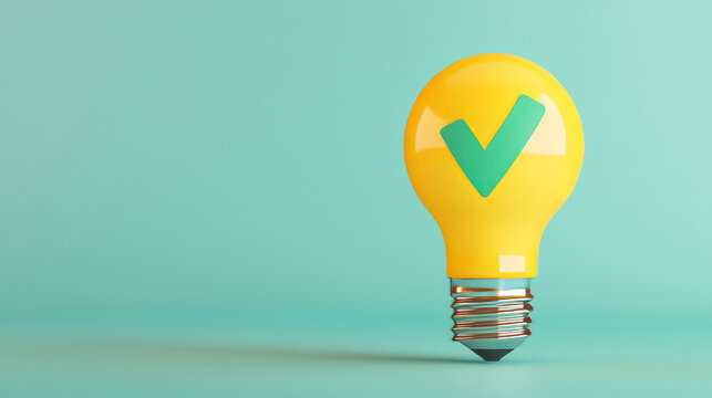 This 3D vector illustration features a yellow light bulb with a green checkmark symbol next to it, signifying verification, correctness, or approval. The light bulb represents creativity, innovation, 