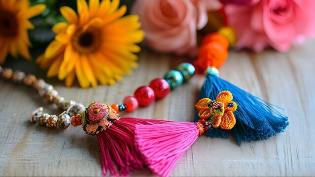 A colorful necklace featuring decorative tassels and floral elements.