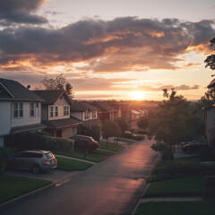 Fototapeta premium Serene Suburban Sunset with Colorful Sky Over Tranquil Residential Neighborhood