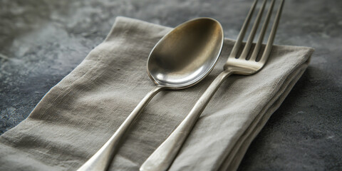 Rustic Silver Cutlery on Linen Napkin with Concrete Background