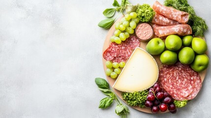 A vibrant assortment of cheese, cured meats, and fresh fruits is artfully arranged on a platter, showcasing an inviting culinary spread against a soft gray backdrop
