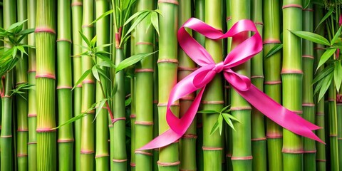 Obraz premium A Pink Ribbon Tied Around Lush Green Bamboo Shoots, Nature , Beauty , Symbol , Hope
