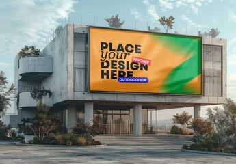 Wide Outdoor Billboard Mockup on Modern Building &ndash; Realistic Urban Display for Advertisement Design, Product Launch, Event Promotion, or Commercial Outdoor Branding