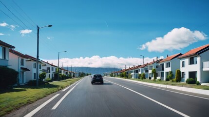 Car Driving Down Street Next to Row of Houses