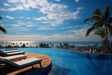 Fototapeta premium Luxurious villa terrace with sunbeds and pool overlooking breathtaking sea and sky views