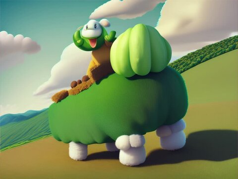 A cucumber with arms and a funny face riding on a sheep in a vast green pasture, with a blue sky and fluffy clouds