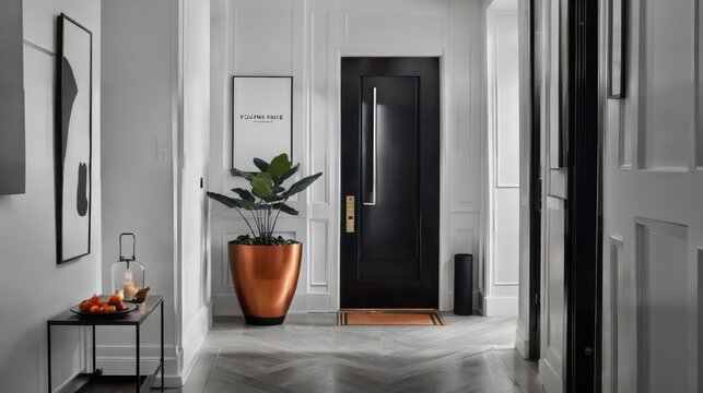 Hallway With Potted Plant Next to Black Door