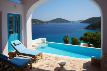 Fototapeta premium Luxurious villa terrace featuring sunbeds, swimming pool, and breathtaking sea and sky views
